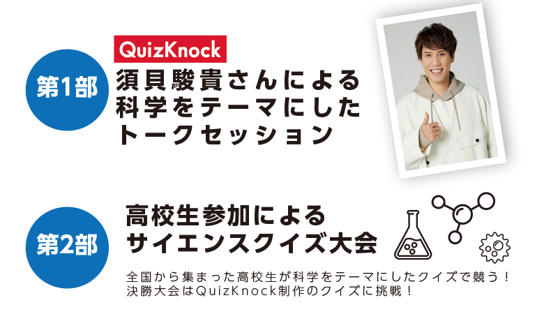 第一部　QuizKnock　須貝駿貴さんによる科学をテーマにしたトークセッション／第二部　高校生参加によるサイエンスクイズ大会 
